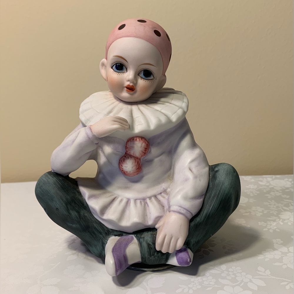 EUC Musical Clown: Seymour Mann Porcelain Bisque Vintage Rotating Musica…